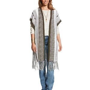 Ariat Womens Brown Cream‎ Patterned Fringe Knit Cardigan Sweater Large Festival